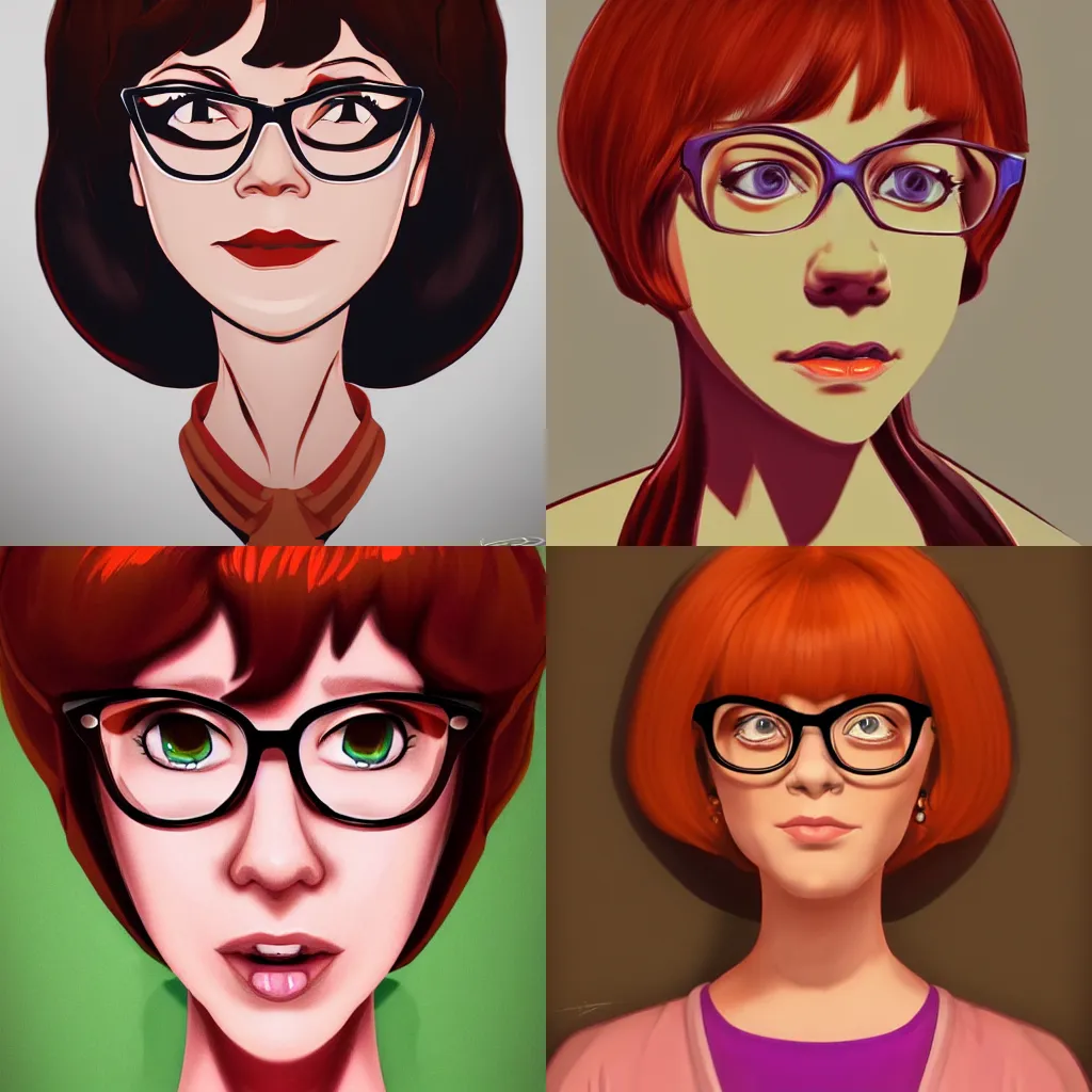 Prompt: A portrait of velma from scooby doo, face in focus, highly detailed, trending on ArtStation, Stylized