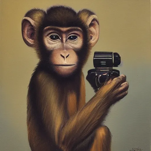 Image similar to Portrait of a monkey holding a camera, oil painting