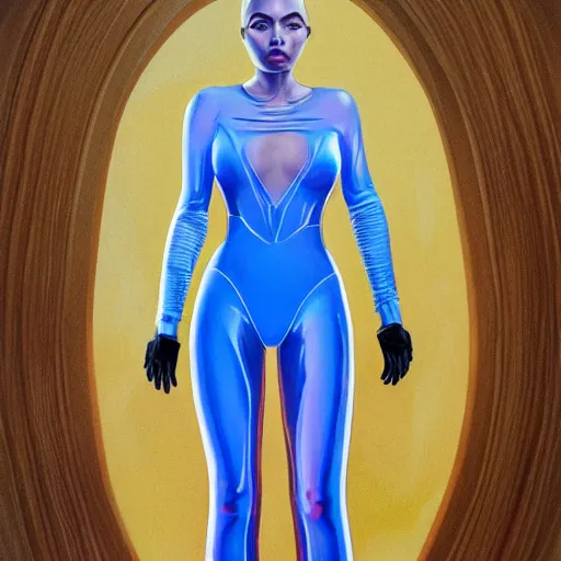Prompt: full body portrait of a beautiful woman with a perfect face and body wearing a transparent plastic skin tight jumpsuit with circular cutouts, highly detailed, digital painting, artstation, cgscoiety, cinematic, intricate, smooth, sharp focus, illustration, Unreal Engine 5, concept art, 8K, art by Westworld and Esao Andrews.