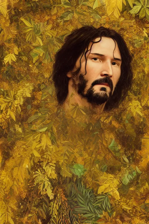 Prompt: masterpiece beautiful seductive flowing curves preraphaelite face portrait of keanu reeves amongst leaves, extreme close up shot, yellow ochre ornate medieval dress, branching abstract decorate structural circle, halo, amongst foliage, gold gilded circle halo, kilian eng and frederic leighton and rosetti, 4 k