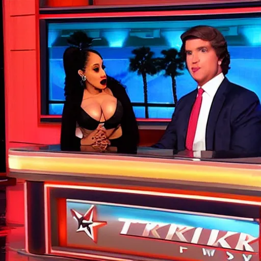 Prompt: “ tucker carlson skeptically interviewing cardi b on fox news ”