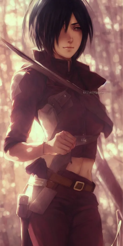 Image similar to mikasa ackerman, hero pose, medium shot, bokeh, beautiful face!!!!, 2 7 years old, cg animation, lifelike, animated, realistic, character select portrait, by artgerm, greg rutkowski, alphonse mucha, 3 d