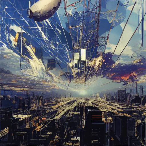 Prompt: a full - metal irisdiscent hindenburg accident, santiago of chile skyline, andes, the city is on pixeled fire from a fragmented wired reality, game poster by yoji shinkawa, esao andrews, yoshitaka amano and ryuichi sakamoto