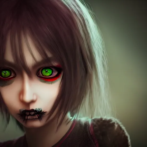 Image similar to photorealistic full shot portrait of angry darkness anime girl, inspired by tim burton, detailed, unreal engine 4 k, volumetric light, fog