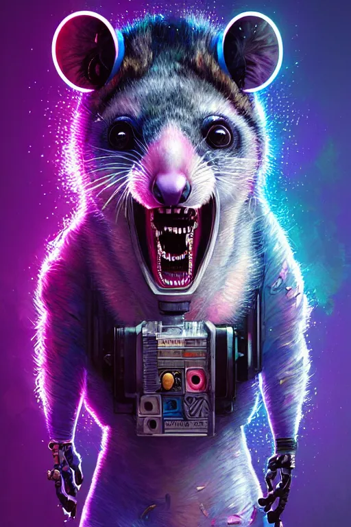 Image similar to a beautiful portrait of a cute cyberpunk opossum screaming by sandra chevrier and greg rutkowski and wlop, purple blue color scheme, high key lighting, volumetric light, digital art, highly detailed, fine detail, intricate, ornate, complex, octane render, unreal engine, photorealistic