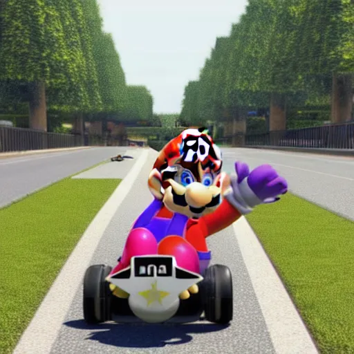 Prompt: mario kart cat waluigi