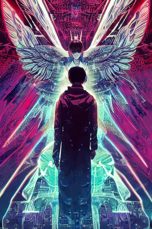 Image similar to white arc-angel with mystic robotic wings, blade runner, akira, ghost in the shell, 2077, style of Laurie Greasley and Satoshi Kon + symmetric lights and smoke, psychedelic effects , glowing particles, neon rain, glowing runes, de-noise, symmetrical composition, high detailed + tarot card, ornate border, 8k