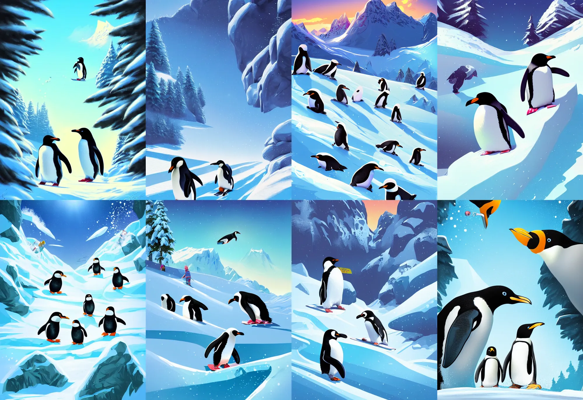 Prompt: game keyart, snowboarding penguins, radical, painted by sylvain sarrailh, trending on artstation