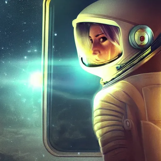 Prompt: portrait of an astronaut with a beautiful woman in the reflection on the helmet, dreamy, concept art, highly detailed, trending on art station, dreamy lighting, beautiful