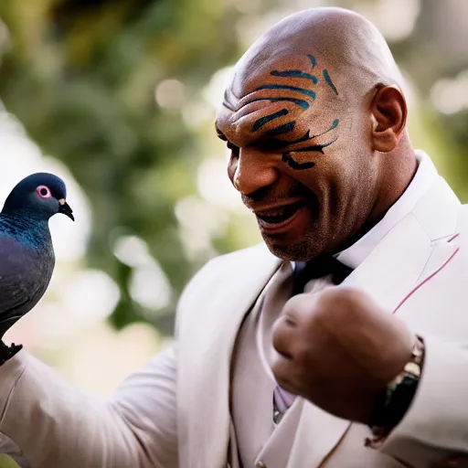 Image similar to a cinematic film still of Mike Tyson getting married to a pigeon, portrait, 40mm lens, shallow depth of field, close up, split lighting, cinematic