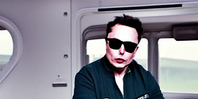 Image similar to bald elon musk in a tracksuit drinking beer in filthy trailer, by ken loach