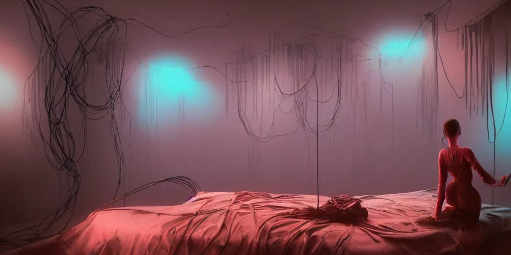 Image similar to rgb, glowing, depression!!!!!, maximalist interior, woman, cinematic, movie scene, inspired by zdzislaw beksinski, clothes made out of veins,, cables everywhere, bedroom, ultra realistic, concept art, intricate details, highly detailed, photorealistic, octane render, 8 k