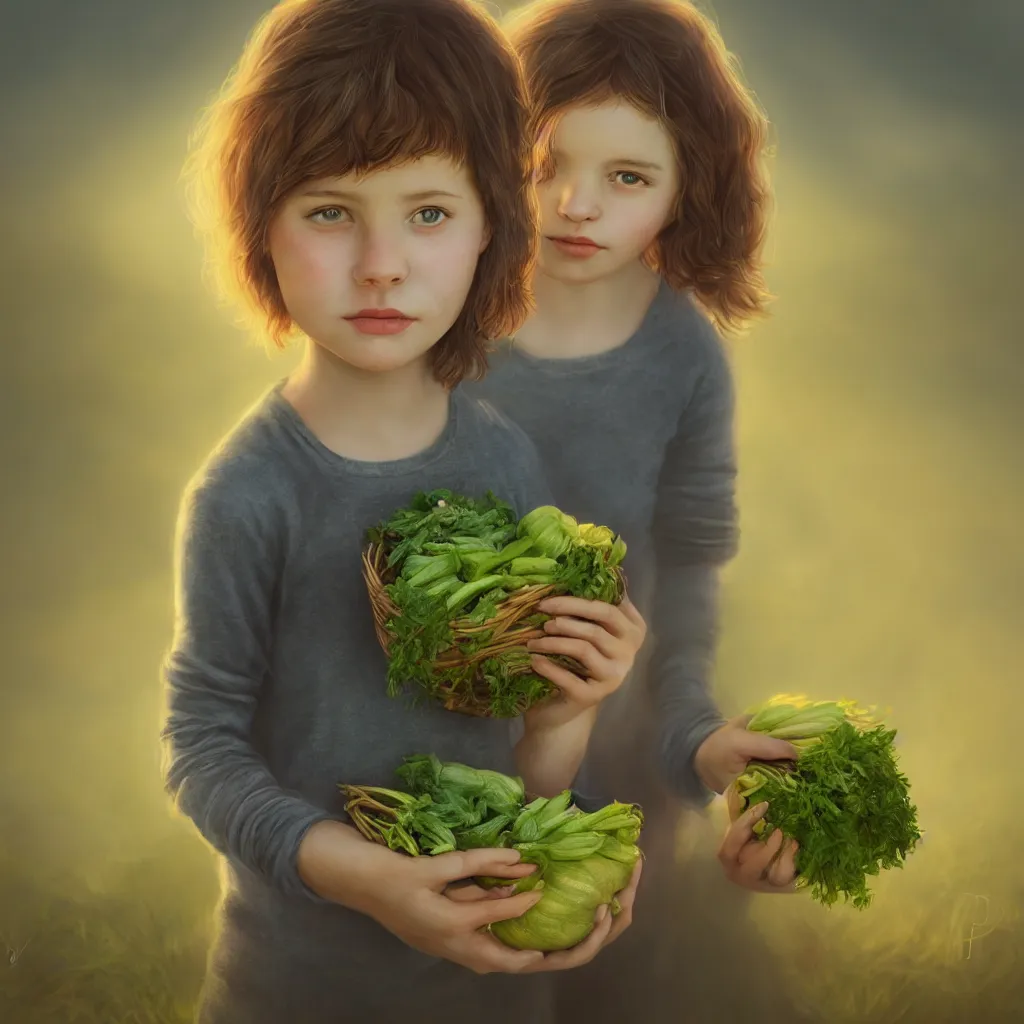 Prompt: Beautiful aesthetically pleasing single female child portrait, centered portrait, Confident holding vegetables, lush farm lands, fog, volumetric lighting beautiful, golden hour, sharp focus, ultra detailed, conceptartworld, Dr Zeuscomic art