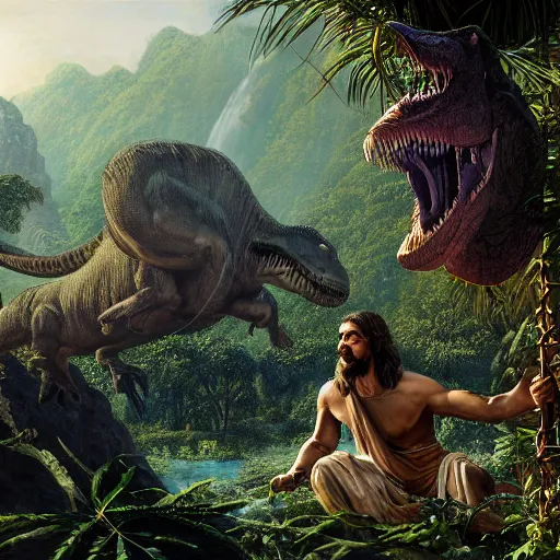 Image similar to a detailed matte painting of a ridiculously good looking jesus who is best friends forever with a tyrannosaurus rex, elegant ancient greek dress, jungle as the background, drinking a martini, very detailed, beautiful, intricate, art by greg rutkowski and robert e howard, octane render