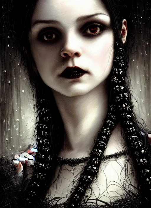 Prompt: highly detailed oil painting | very intricate | cinematic lighting | black, white and blood color scheme, dark background | portrait of a exquisite beautiful vampire little girl with long elegant tangles of black hair, eyes, gothic fog ambience, hyper realistic head, fantasy victorian art, in the style of greg rutkowski, zdizslaw beksinski, intricate, alphonse mucha