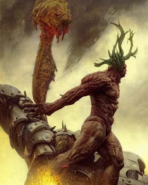 Image similar to full body portrait of martyn ford as huge towering bipedal horror beast with bulbous froglike torso fiery hair wearing armour walks down city street, people flee, painted by ruan jia, raymond swanland, lawrence alma tadema, zdzislaw beksinski, norman rockwell, jack kirby, tom lovell, alex malveda, greg staples