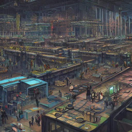 Image similar to large group people in a huge warehouse, gathered around a tabletop city | cinematic concept art | godrays | 4 k | clear details | tabletop | hologram foreground