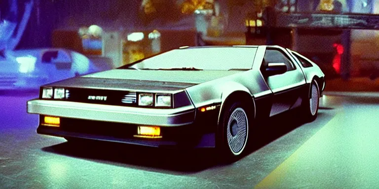 Prompt: photoreal Cinematography of the Delorean from back to the future shot on film by Dean Cundey at night in the style of the 1985 film Back To The Future Photorealisticly