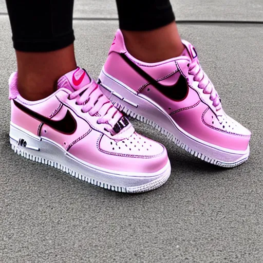 Prompt: same image but only one person in it, full body shot in a pink dress, nike air force 1 sneakers