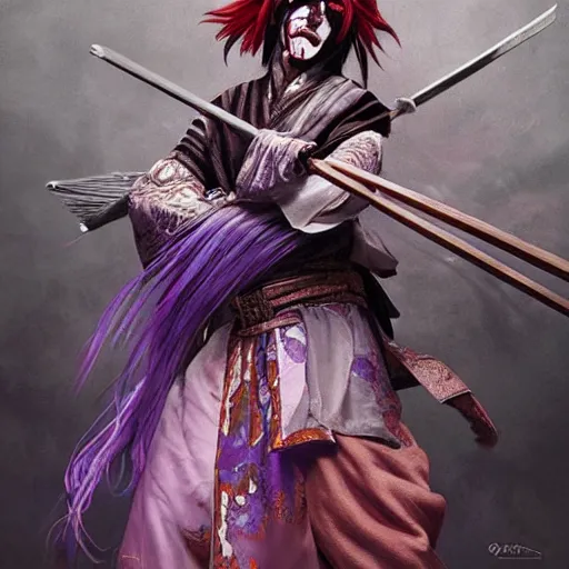 Prompt: an epic portrait of insane kabuki male wielding a spear covered in a distorting aura, intricate purple hakama, poofy red wig, eerie, highly detailed, dark fantasy, shallow depth of field, art by artgerm and greg rutkowski