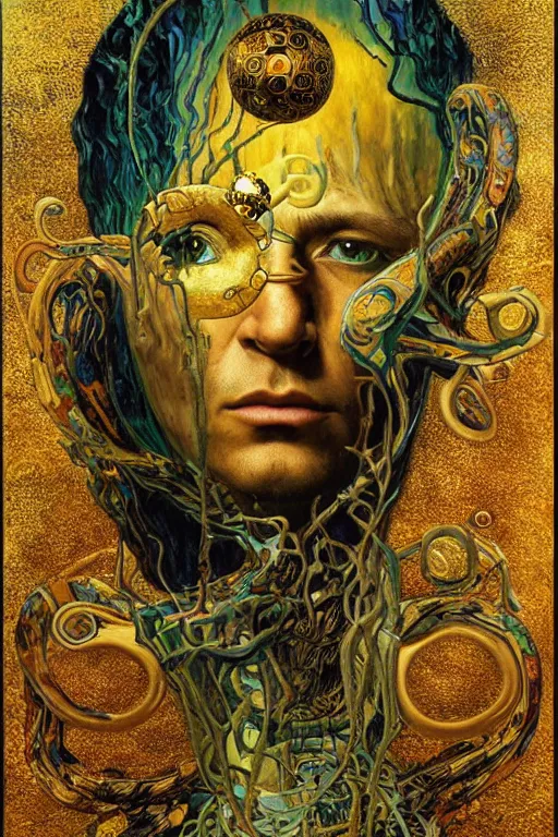 Image similar to Rebirth by Karol Bak, Jean Deville, Gustav Klimt, and Vincent Van Gogh, Rebirth, Loki's Pet Project, mystical portrait of a serpent deity, Surreality, otherworldly, fractal structures, arcane, ornate gilded medieval icon, third eye, spirals