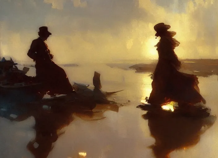 Image similar to oil painting of copper still by anders zorn, wonderful art by greg rutkowski, beautiful cinematic light, american romanticism by greg manchess, reflections in copper, sunlight, dust and steam