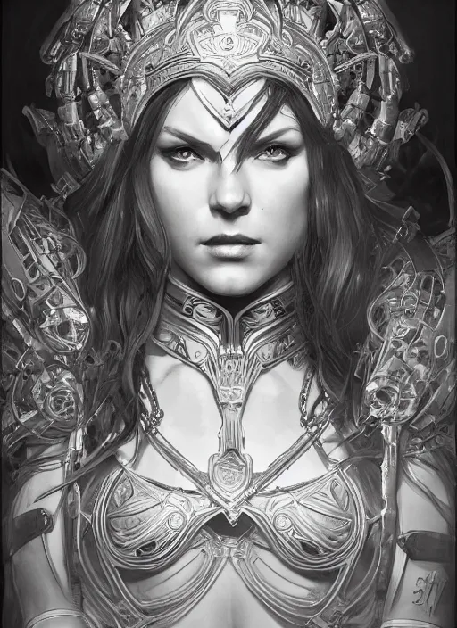 Image similar to symmetry!! red sonja, machine parts embedded into face, intricate, elegant, highly detailed, digital painting, artstation, concept art, smooth, sharp focus, illustration, art by artgerm and greg rutkowski and alphonse mucha, 8 k