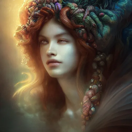 Image similar to by artgerm and agostino arrivabene, visually stunning, cinematic, ultra realistic, hyper realism, epic, octane render, unreal engine, vfx, maya, a 1 7 5 0 s princess, fungal enchanter, murloc tinyfin, dread infernal, wee whelp, battle ram