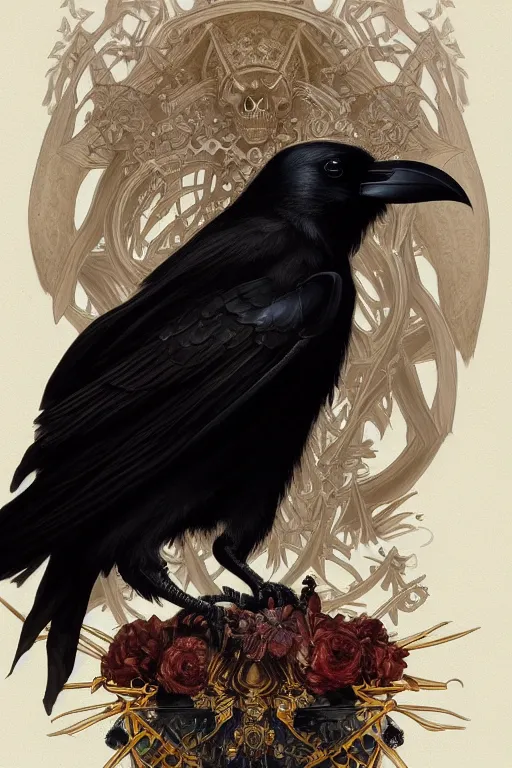 Image similar to painting of a crow sitting on a satanic skull, decorated, intricate, elegant, highly detailed, digital painting, artstation, concept art, smooth, sharp focus, illustration, art by artgerm and greg rutkowski and alphonse mucha, 8 k