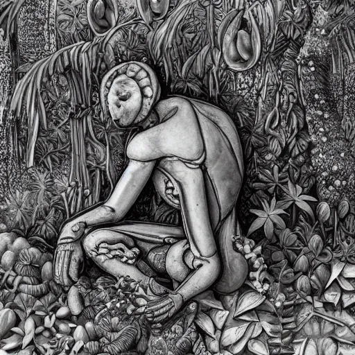 Prompt: botanical sketch of a cybernetic The thinker sculpture with mushrooms and peyote at the base, surrounded by a lush jungle and vines, high detail, b&w,