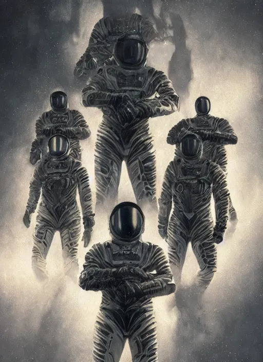 Image similar to astronauts in dark void underwater - complex and hyperdetailed technical suit. reflection and dispersion materials. rays and dispersion of light. volumetric light. f / 3 2. noise film photo. flash photography. ultra realistic, wide angle. poster by wayne barlowe, hajime sorayama aaron horkey, craig mullins