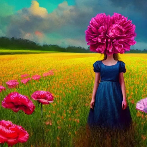 Image similar to giant carnation flower face, girl in a flower field, surreal photography, sunrise dramatic light, impressionist painting, colorful clouds, digital painting, artstation, simon stalenhag, flower face