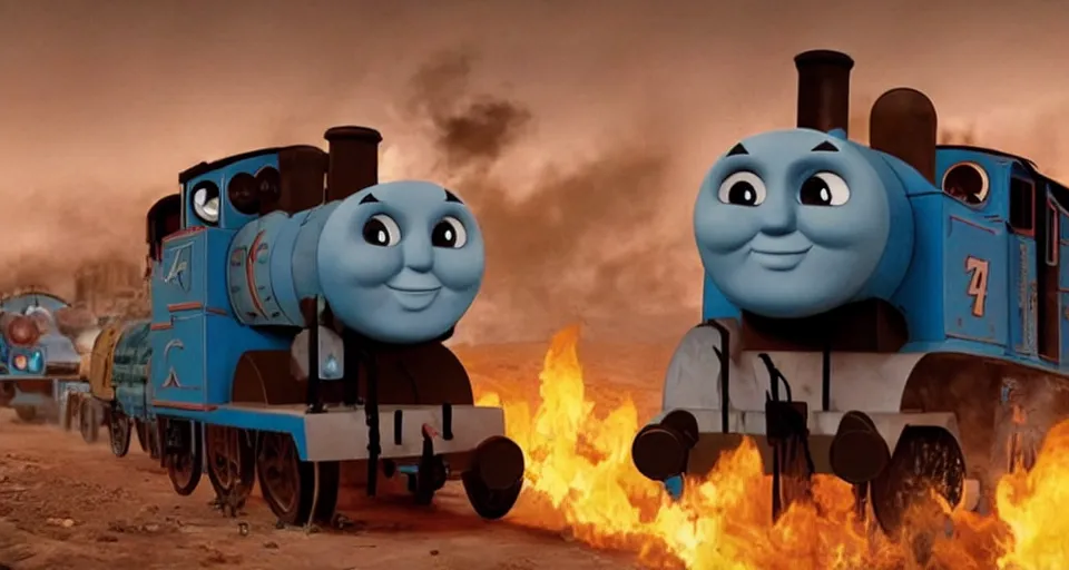 Image similar to Thomas the Tank Engine in the fiery wasteland of MAD MAX: FURY ROAD