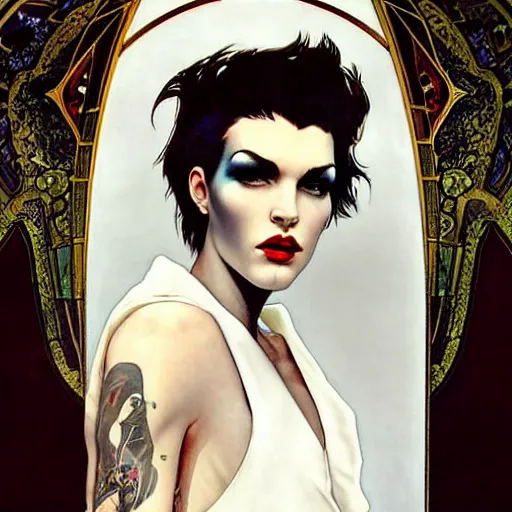 Image similar to beautiful portrait of androgynous ruby rose as desire from sandman in a white tuxedo!!!, rockabilly style, by alphonse mucha, cedric peyravernay, by jeremy mann, by frank moth, white suit and black tie, soft lightning, high detailed, 8 k