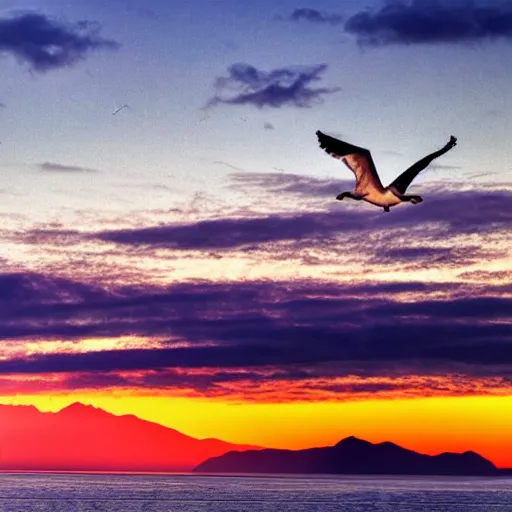 Prompt: Ultrarealistic, beautiful landscape of an oceanic beach with mountains in the background and the sun setting over the mountain peaks. Seagulls can be seen flying close to the beach. The mountains are extremely tall with snow caps on them.