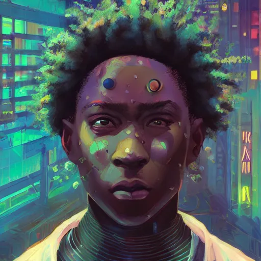 Prompt: afro - cyberpunk man manifesting dreams with ancestral magic in a modern world | hyperrealistic oil painting | by makoto shinkai, ilya kuvshinov, lois van baarle, rossdraws, basquiat | afrofuturism, in the style of surrealism, trending on artstation | dark color scheme