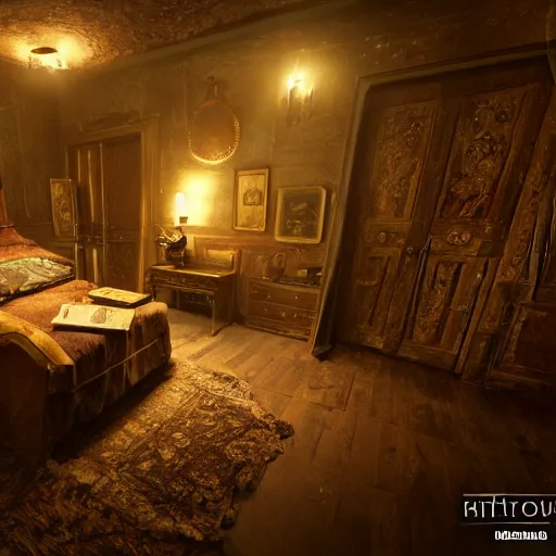 Image similar to room of a dark mansion, objects from ritual in the ground, realistic, highly detailed, unreal engine, octane render, pbr, guillermo del toro