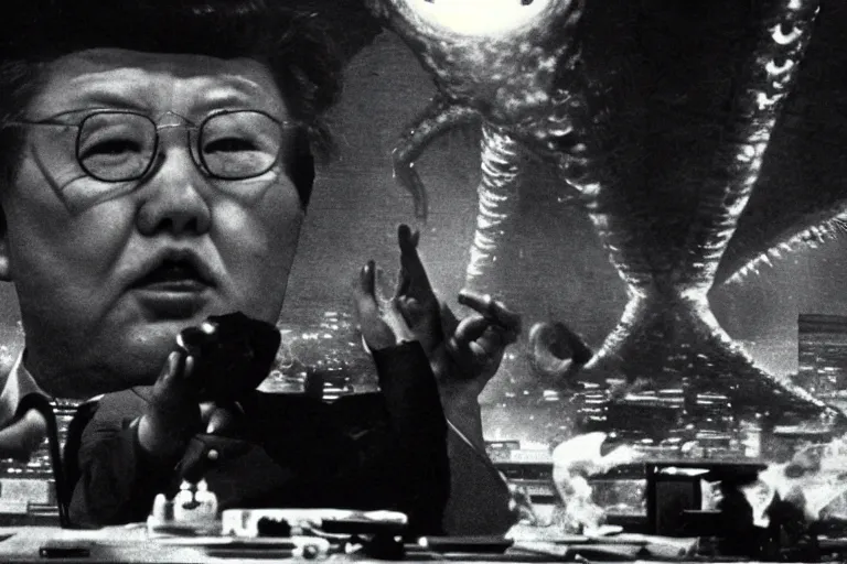 Prompt: a filmstill of Kim Jong-il looking at Starro Kaiju monster destroying Pyongyang, in Dr Strangelove by Stanley Kubrick (1964), traditional Korean city, palace, epic ultrawide shot, cinémascope