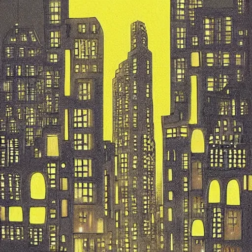 Image similar to Print. A beautiful, but eerie, illustration of a cityscape at night. The buildings are all tall and thin, and they are lit up by a strange light. The sky is deep and dark and there are no stars to be seen. DayGlo orange, ivory by Anne Geddes ghastly