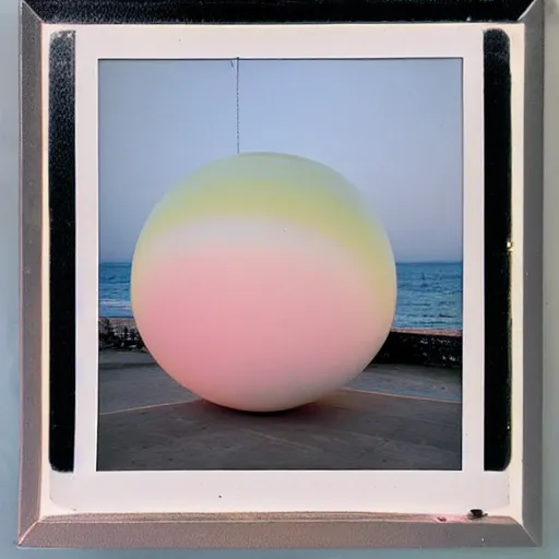 Prompt: a pastel colour high fidelity Polaroid art photo from a holiday album at a seaside with abstract inflatable parachute furniture (((((and spheres))))), all objects made of transparent iridescent Perspex and metallic silver, no people, iridescence, nostalgic