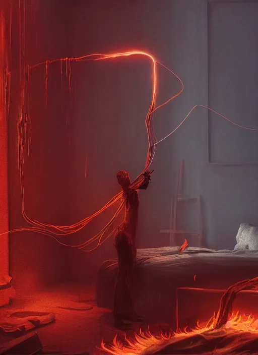 Image similar to rgb wires, fire, rage, cinematic, movie scene, inspired by zdzislaw beksinski, clothes made out of veins,, cables everywhere, bedroom, ultra realistic, concept art, intricate details, highly detailed, photorealistic, octane render, 8 k