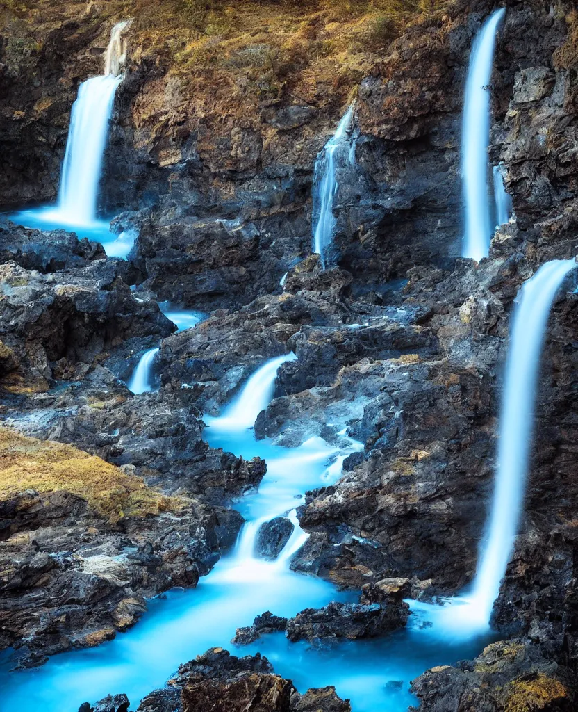 Prompt: endless waterfalls, obsidian cliffs, bright blue glowing water, night photography, magical