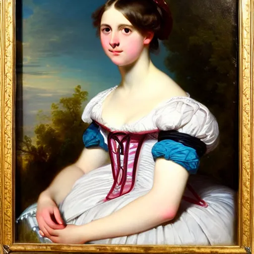 Prompt: portrait of a german teenage princess, circa 1 8 5 0 by franz xaver winterhalter, highly detailed, beautiful, oil on canvas, 1 8 5 0 s, romanticism