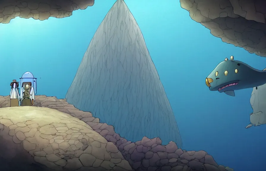 Prompt: a realistic cell - shaded cartoon from howl's moving castle ( 2 0 0 4 ) showing an eel submarine swimming in front of a white pristine pyramid underwater at the bottom of the sea. shafts of sunlight come from above. wide shot, very dull muted colors, hd, 4 k, hq