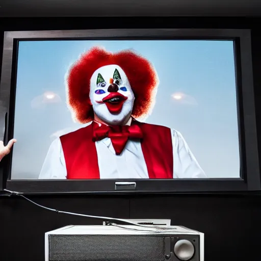 Prompt: professional photo of an old television that inside has a president that has a clown face and is giving a speech over a podium