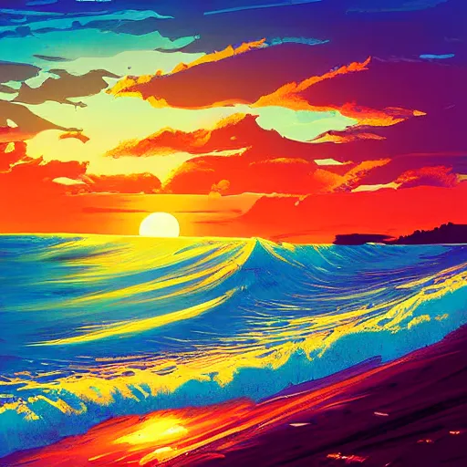 Prompt: tidal wave sunset with surfers, pnw sunset colors, by alena aenami anid petros afshar, poster art