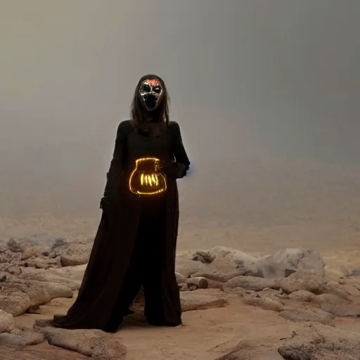 Image similar to The full body shot of beautiful pale woman with white flowers and full-face golden occult mask and glowing eyes in a rocky desert landscape, multiple eyes, thick smoke and fire around her, volumetric lighting, occult atmosphere, by Denis Villeneuve, Lubezki, Gaspar Noe and Alejandro Jodorowsky, anamorphic lens, anamorphic lens flares, kodakchrome, cinematic composition, practical effects, award winning photo, 8k, detailed 85mm f/1.4