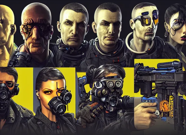 Image similar to cyberpunk blackops hazmat squad. portrait by stonehouse and mœbius and will eisner and gil elvgren and pixar. character design. realistic proportions. cyberpunk 2 0 7 7 character art, blade runner 2 0 4 9 concept art. cel shading. attractive face. thick lines. the team. diverse characters. artstationhq.