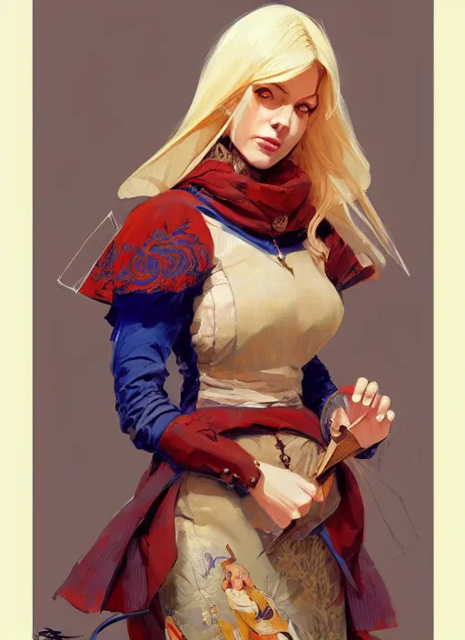 Image similar to a blonde woman wearing medieval tapestry as clothing, by jesper ejsing, ilya kuvshinov, greg rutkowski on artstation