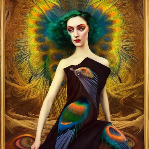 Prompt: dynamic composition, a painting of a woman with green eyes and hair made of peacock plummage, a surrealist painting with astroscape background by Tom Bagshaw and Jacek Yerga and Tamara de Lempicka, featured on cgsociety, pop surrealism, surrealist, wiccan, pre-raphaelite, ornate gilded details